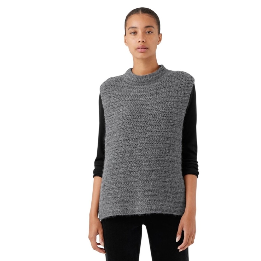 Eileen Fisher women's Peruvian alpaca crochet mock neck‎ grey knit Sweater 1X